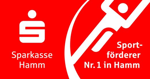 Das Rot Weiße Logo der Sparkasse Hamm ergänzt durch den Schriftzug Sportförderer Nr. 1 in Hamm